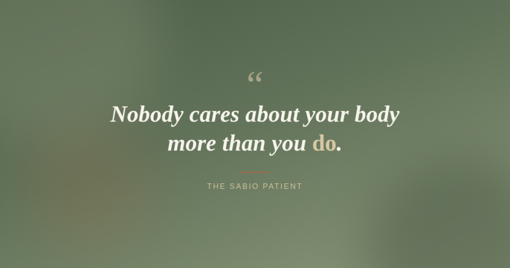 Quote graphic reading "nobody cares about your body more than you do," from a personal essay on chronic inflammatory skin conditions